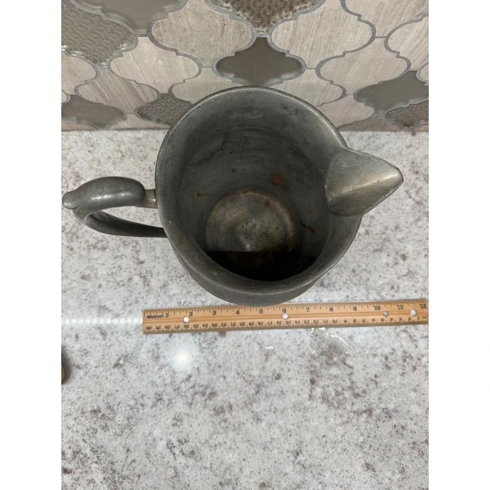 Antique Pewter Pitcher 3444 Hallmarked Primitive Farmhouse Decor 8 Inch Silver